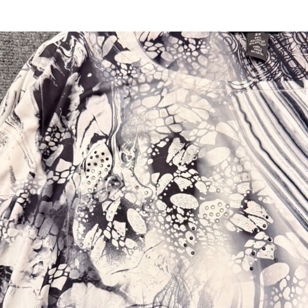 Style & Co Woman 2X Plus Size Butterfly Sleeve Top Black White Marble Blouse - Picture 6 of 9